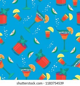 Summer Cocktails. Seamless pattern. Background for use in design, web site, packing, textile, fabric. Line art flat style design for web, site, banner, menu, poster