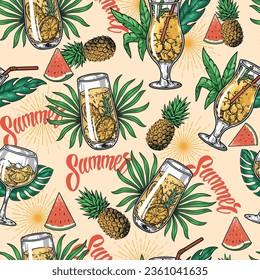 Summer cocktails seamless pattern colorful with exotic leaves near glasses for low alcohol drinks from tropical fruits vector illustration