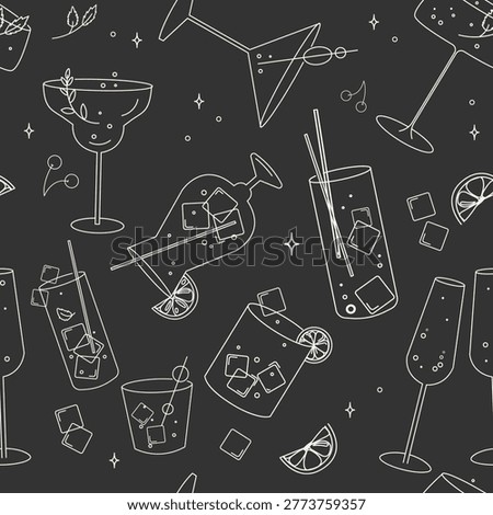 Summer cocktails seamless pattern with martini glasses, lemonade, champagne, and refreshing beverages for bar menus, party designs, wrapping paper, and festive celebration themes. Vector illustration