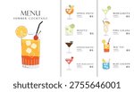 Summer cocktails set. Alcoholic drinks in different glasses. Cocktail menu illustration, stickers