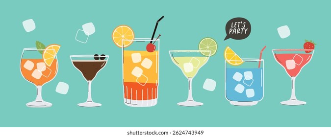 Summer cocktails set. Alcoholic drinks in different glasses. Cocktail menu illustration, banner