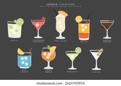 Summer cocktails set. Alcoholic drinks in different glasses. Cocktail menu illustration, black card