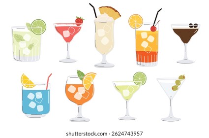 Summer cocktails set. Alcoholic drinks in different glasses. Cocktail menu illustration clipart