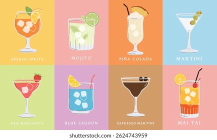Summer cocktails set. Alcoholic drinks in different glasses. Cocktail menu illustration, posters