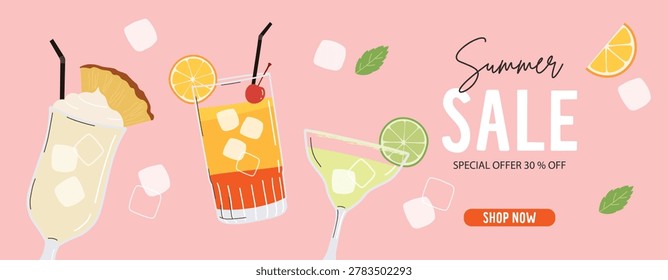 Summer cocktails set. Alcoholic drinks in different glasses. Cocktail menu illustration clipart. Posters, banners, stickers