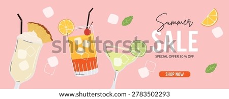 Summer cocktails set. Alcoholic drinks in different glasses. Cocktail menu illustration clipart. Posters, banners, stickers