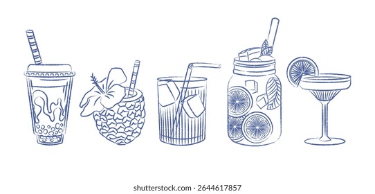 Coquetéis de Verão. Camiseta Bolha, limonada, aperol com pedaços de frutas e cubos de gelo. Elementos desenhados de caneta vetorial