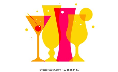 Summer cocktails. Set of different glasses for cocktails in an abstract style.