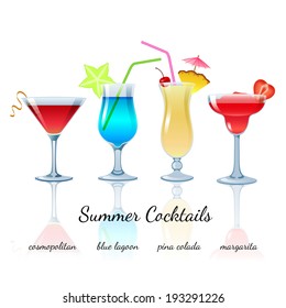 Summer cocktails set (isolated): Cosmopolitan, Blue lagoon, Pina colada, Margarita