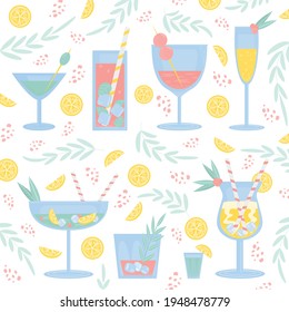 Summer Cocktails set with lemon, berry, mint, ice and straw. Party, pub, restoraunt or club element. fresh and cold alcohol coctail. Vector flat illustration, isolated on a white background.