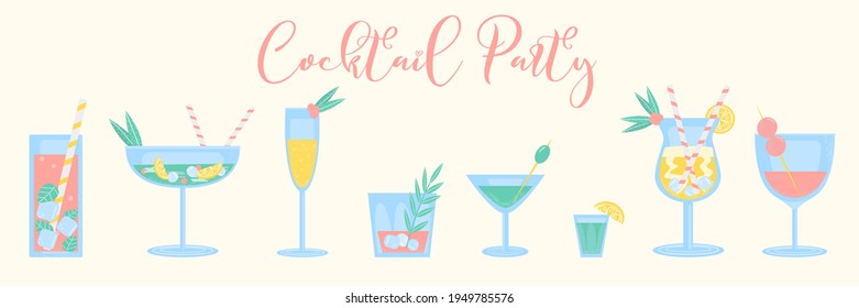 Summer Cocktails set with lemon, berry, mint, ice and straw. Party, pub, restoraunt or club element. fresh and cold alcohol coctail. Vector flat illustration, isolated on a white background.