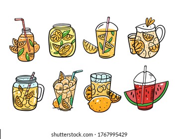 Summer cocktails set. Lemonade or juice. Organic product. Cartoon style. Vector illustration. Isolated on white background. Design for menu cafe and bar.