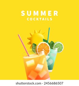 Summer cocktails and the sun, 3D. Realistic image of refreshing bright cocktails with ice on a yellow background. Banner for advertising cool drinks in the heat. Vector