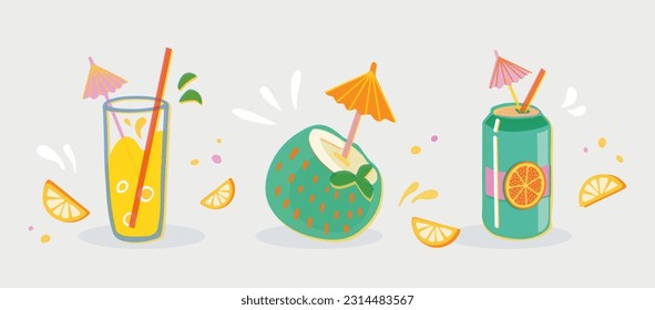 Summer cocktails vector illustration set. Hand drawn coconut cocktails, lemonade, soda can. Lemon, straw, umbrella and bubbles in risoprint style. 