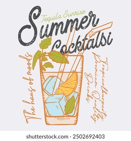 summer Cocktalsi Club Vintage Summer Cocktail T-shirt Design, Cocktails retro poster vector, Party poster design. Drinks, Cocktails, Typography. Vintage pencil sketch. Engraving style. Labels