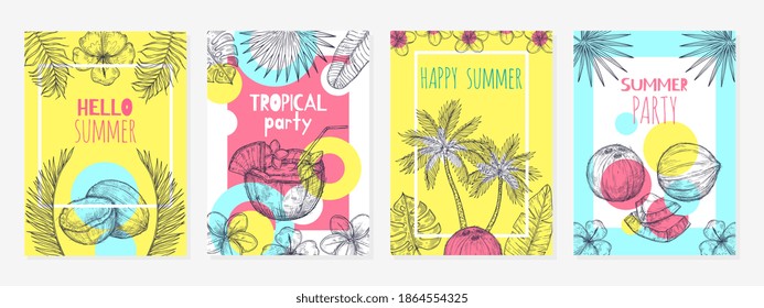 Summer Coconut Cards. Sketch Tropic Fruits, Modern Food Background Design. Beach Bar, Fresh Cocktails Or Exotic Drinks Exact Vector Labels. Illustration Coconut Card, Summer Tropical Sketch Banner