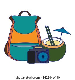 Summer coconut cocktail camera and backpack cartoons vector illustration graphic design