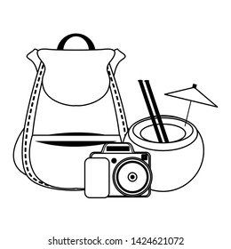 Summer coconut cocktail camera and backpack cartoons vector illustration graphic design