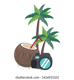 Summer coconut cocktail camera and palms cartoons vector illustration graphic design