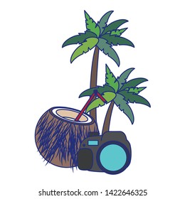 Summer coconut cocktail camera and palms cartoons vector illustration graphic design