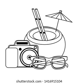 Summer coconut cocktail camera and sunglasses cartoons vector illustration graphic design