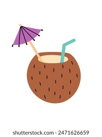 Summer coconut cocktail. Cold and refreshing drink for hot weather. Dessert and beverage. Vector cartoon flat illustration.