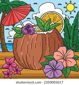 Summer Coconut Cocktail Colored Cartoon 