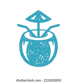 Summer coconut cocktail for couple with two straw and umbrella blue hand drawn honeymoon travel vacation. Refreshing natural tropical beverage decorative design grunge texture vector illustration