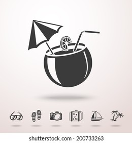 Summer coconut cocktail detailed vector monochrome icon in the air with shadow. With set of summer icons - slippers, palms, suitcase, yacht, sun glasses, photo camera.