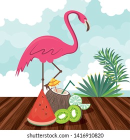Summer coconut cocktail and flamingo with fruits cartoons vector illustration graphic design