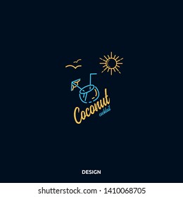 Summer coconut cocktail logo, abstract icon of cocktail travel. Summer, sun, beach. Linear style with a flat logo on a dark background in yellow and blue colors for mobile applications, websites.