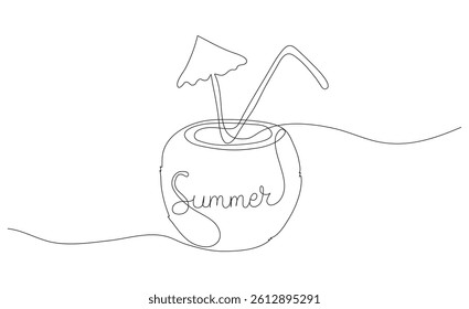 Summer Coconut cocktail in one line with an umbrella and a straw. Minimalistic continuous editable stroke for poster banner card. Hand drawn lettering