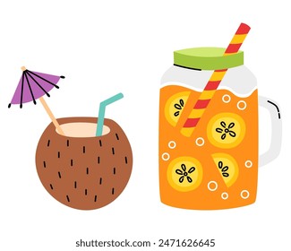 Summer coconut cocktail. Orange juice, lemonade in a glass mug. Cartoon flat vector illustration.