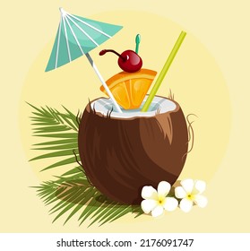 Summer coconut cocktail. Palm, flowers, orange, coconut. Illustration