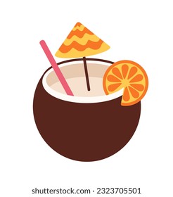 Concepto vectorial de cóctel de coco de verano. Bebida fría y refrescante cuando hace calor. Postre y bebida. Elemento gráfico para el sitio web. Ilustración plana de dibujos animados aislada sobre fondo blanco