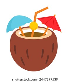 Concepto de Vector de cóctel de coco de verano. Beba para Clima caliente. Postre y bebida. Elemento gráfico para el Sitio web. Ilustración vectorial de arte plana aislada sobre fondo blanco