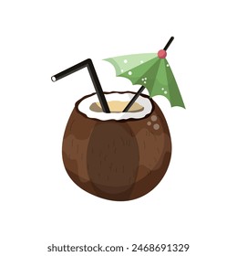 Concepto de Vector de cóctel de coco de verano. Bebida fría y refrescante para el Clima caliente. Coco con iconos de bebidas para el menú, Web y Diseño gráfico.  Ilustración plana de dibujos animados aislada sobre fondo blanco