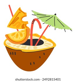 Summer coconut cocktail vector concept. Cold and refreshing drink for hot weather. Coconut with drink icons for menu, web and graphic design. Cartoon flat illustration isolated on white background