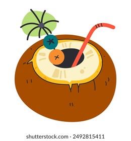 Summer coconut cocktail vector concept. Cold and refreshing drink for hot weather. Coconut with drink icons for menu, web and graphic design. Cartoon flat illustration isolated on white background