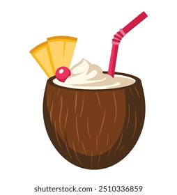 Concepto de Vector de cóctel de coco de verano. Beba para el Clima caliente. Postre y bebida. Elemento gráfico para Sitio web. Ilustración vectorial de arte plana aislada sobre fondo blanco