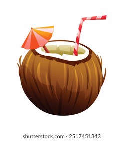 Summer coconut drink cocktail. Vector cartoon illustration isolated on white background