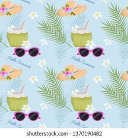 Summer coconut drink on the beach with sunglassed and hat pattern.