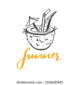 Summer coconut drink. vector hand drawn illustration. Beach party element, beverage, fresh cocktail