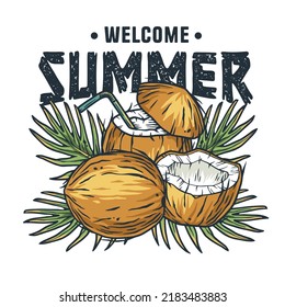 Sommerkulturen aus Kokosnuss. Tropische exotische Früchte mit Palmen