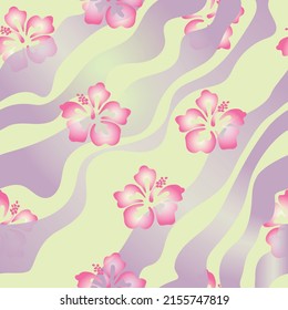 Summer Coconut Girl Wavy Psychedelic Hibiscus Hawaii Fun Funky Retro Y2K 90s Fashion Seamless Repeat Pattern