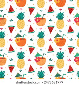 Summer Coconut Juice with Pineapples and Watermelon Slices on White Seamless Pattern Design