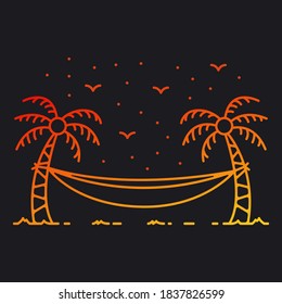 Ilustración veraniega del árbol de coco. Diseño artístico de la línea de los cocoteros de verano con líneas degradadas de color naranja y amarillo. Diseño de ilustración para prendas de vestir, tazas y carteles de pared
