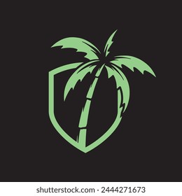 Árbol de coco de verano con el logotipo del escudo Ilustración Vector gráfico de Plantilla 