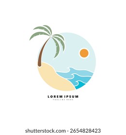 Coqueiros de verão com design de pôr do sol , Vetor de design de ilustração de logotipo de praia tropical moderno