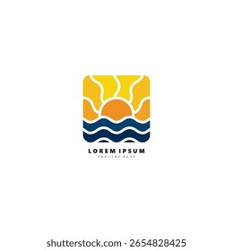 Árboles de coco de verano con diseño de puesta de sol, Vector moderno de diseño de ilustración de logotipo de playa tropical